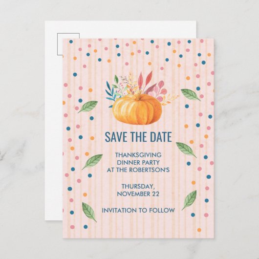 Oranje pompoen op roze en goudstapes aankondigingskaart (Voorkant / Achterkant)