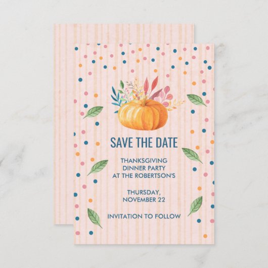 Oranje pompoen op roze en goudstapes save the date (Voorkant / Achterkant)