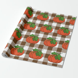Oranje pompoen op White Brown Checkered Pattern Cadeaupapier