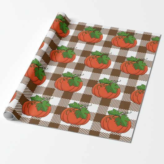 Oranje pompoen op White Brown Checkered Pattern Cadeaupapier (Uitgerold)