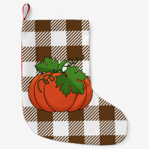 Oranje pompoen op White Brown Checkered Pattern Kleine Kerstsok
