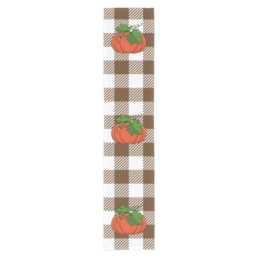 Oranje pompoen op White Brown Checkered Pattern Korte Tafelloper (Voorkant)