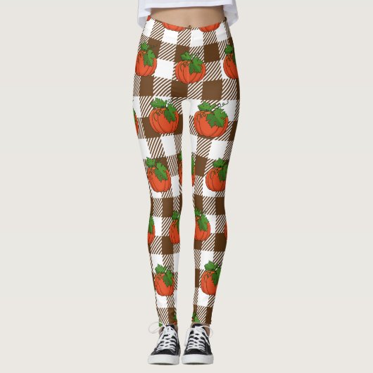 Oranje pompoen op White Brown Checkered Pattern Leggings (Voorkant)