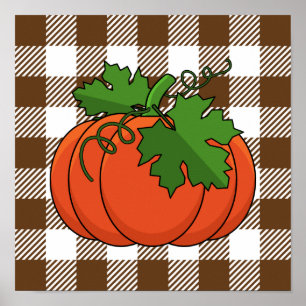 Oranje pompoen op White Brown Checkered Pattern Poster