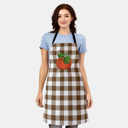 Oranje pompoen op White Brown Checkered Pattern Schort (Gedragen)