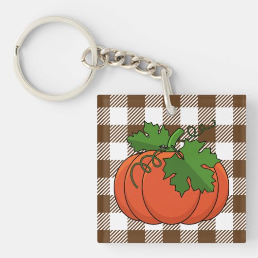 Oranje pompoen op White Brown Checkered Pattern Sleutelhanger (Voorkant)