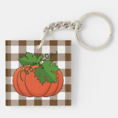 Oranje pompoen op White Brown Checkered Pattern Sleutelhanger (Achterkant)