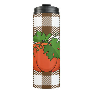 Oranje pompoen op White Brown Checkered Pattern Thermosbeker