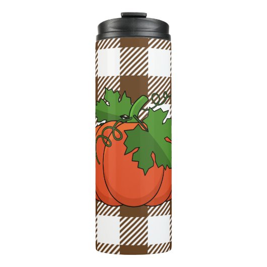 Oranje pompoen op White Brown Checkered Pattern Thermosbeker (Voorkant)