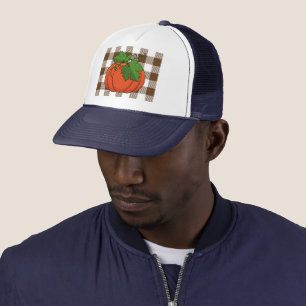 Oranje pompoen op White Brown Checkered Pattern Trucker Pet