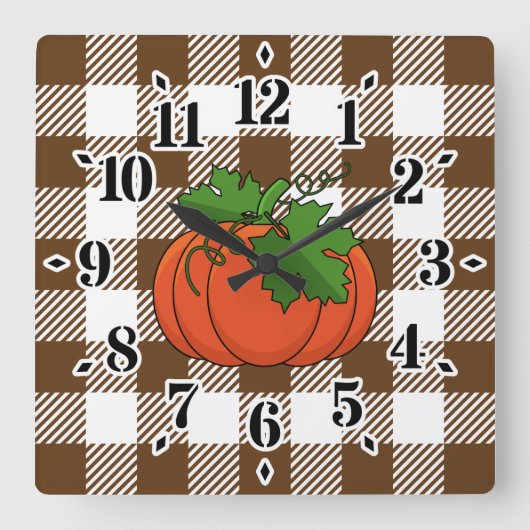 Oranje pompoen op White Brown Checkered Pattern Vierkante Klok (Voorkant)