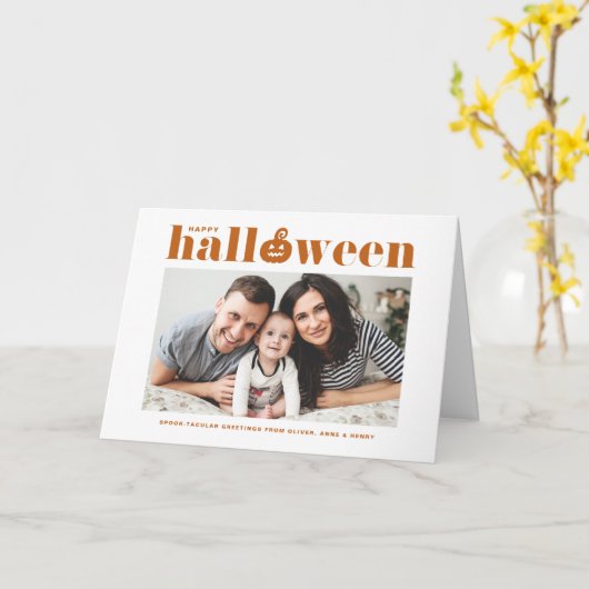 Oranje pompoen Retro Typografie Happy Halloween Kaart (Gele Bloem)