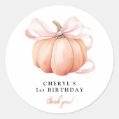 Oranje Pompoen Roze Strik 1e Verjaardag Ronde Sticker (Voorkant)