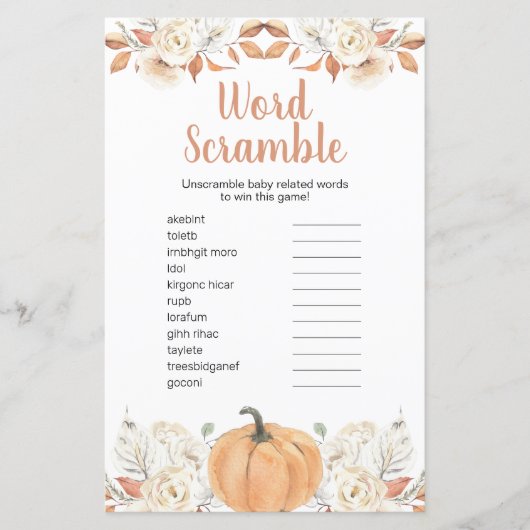 Oranje pompoen rustiek bloemwoord scramble (Voorkant)