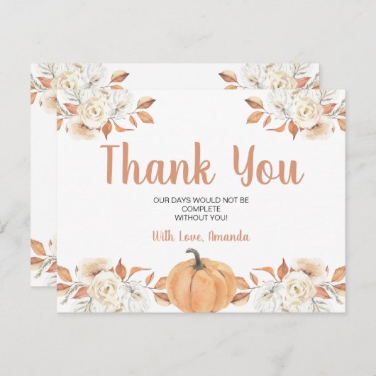 Oranje pompoen rustieke bloemen 1e verjaardag bedankkaart (Voorkant / Achterkant)