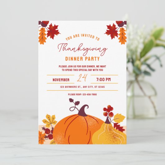 Oranje Pompoen Thanksgiving dinerfeest Uitnodiging (Staand voorkant)