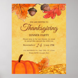Oranje Pompoen Thanksgiving dinerfeest Uitnodiging Poster