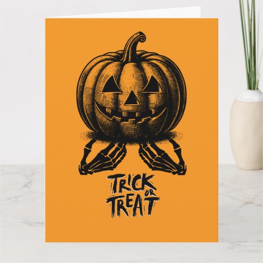 Oranje pompoen Trick or treat schedel Hand Spooky Kaart (Voorkant)