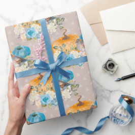 Oranje Pompoenen Blauwe Pompoenen en Bloemen Bedan Cadeaupapier