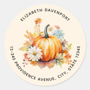Oranje Pompoenen en Bloemen Herfst Adres Ronde Sticker