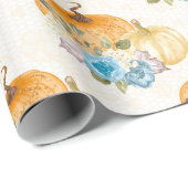 Oranje pompoenen en Blue Flowers Thanksgiving Cadeaupapier (Rol Hoek)