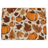 Oranje pompoenen en herfstbladeren groot cadeauzakje (Voorkant)