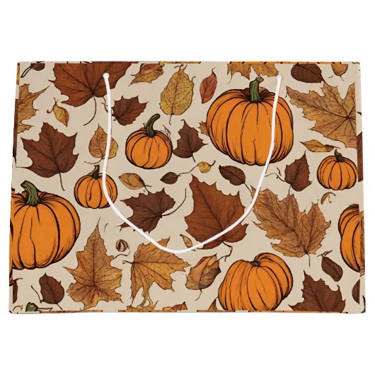 Oranje pompoenen en herfstbladeren groot cadeauzakje (Voorkant)