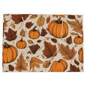 Oranje pompoenen en herfstbladeren groot cadeauzakje (Achterkant)
