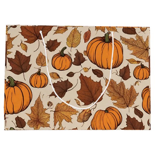 Oranje pompoenen en herfstbladeren groot cadeauzakje (Achterkant)