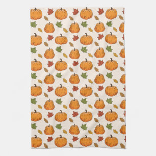 Oranje Pompoenen En Herfstbladeren Patroon Theedoek