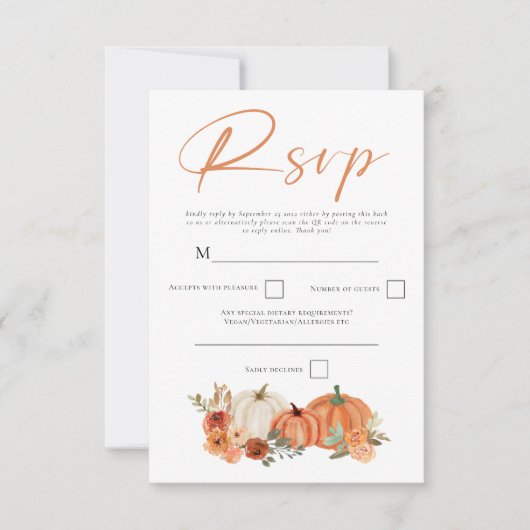 Oranje pompoenen Herfst Florals Script QR-code RSVP Kaartje (Voorkant)