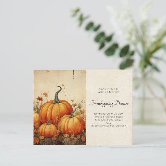Oranje pompoenen rustieke herfst Thanksgiving Uitnodiging Briefkaart (Staand voorkant)