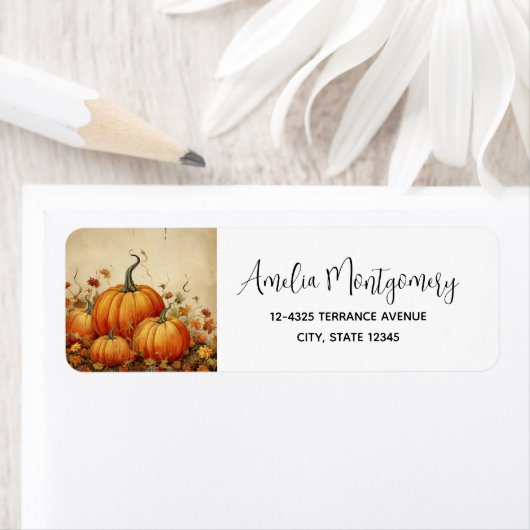 Oranje pompoenen rustieke herfstadres etiket (Insitu)