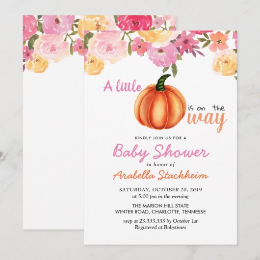 Oranje pompoenroze Floral | Baby shower Kaart (Voorkant / Achterkant)