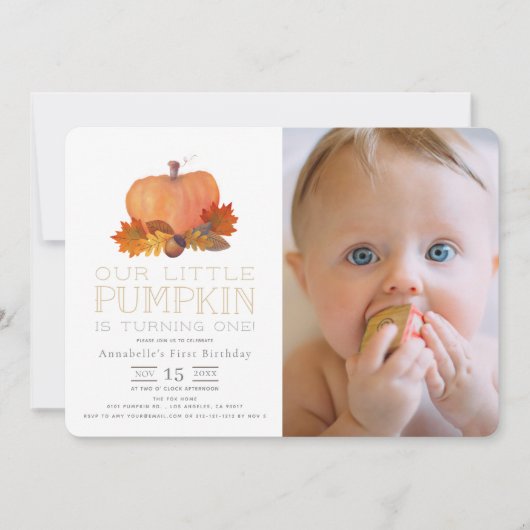 Oranje pompoenval laat 1e verjaardag foto achter kaart (Voorkant)