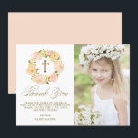 Oranje Pony Wreath Gold First Heilige Communie Bedankkaart<br><div class="desc">Verstuur bedankt naar familie en vrienden met deze aanpasbare Eerste Communie dank je kaart. Het is voorzien van een waterverf florale adem van oranje pinda's, rozen, bladeren, twijgen en de adem van baby's. Pas deze florale dank aan u kaart door een foto, een bericht, een naam en andere details toe...</div>