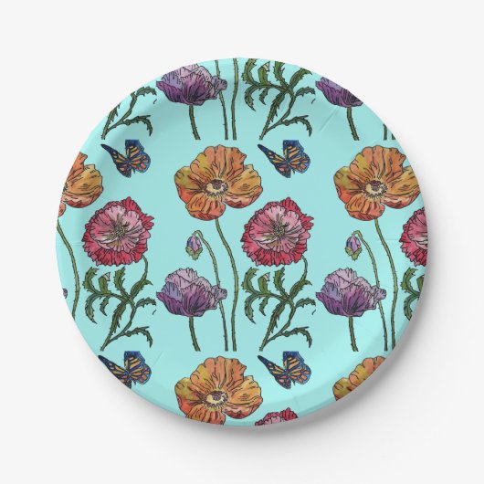 Oranje Poppie Poppies Floral Aqua Papieren Bordje (Voorkant)