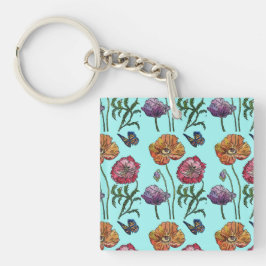 Oranje Poppie Poppies Floral Aqua Sleutelhanger