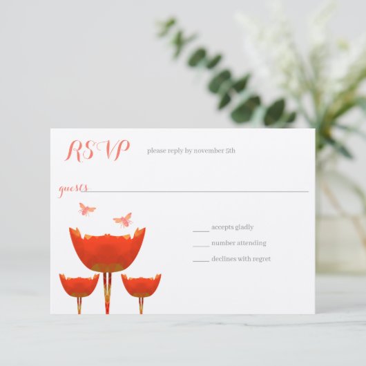 Oranje Poppies & Bumble Bees Bruiloft Kaart (Staand voorkant)