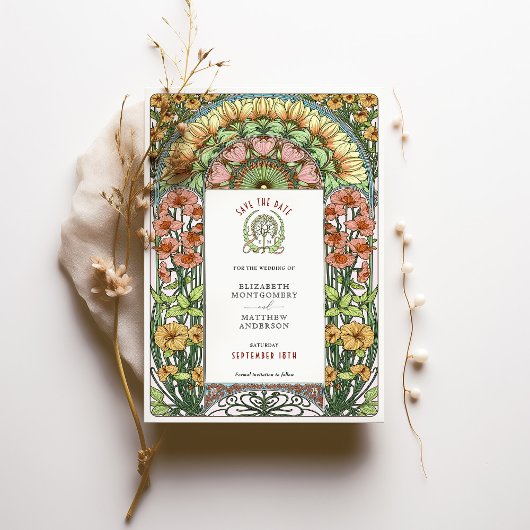 Oranje Poppies & Daisies Art Nouveau Bewaar de dat Kaart