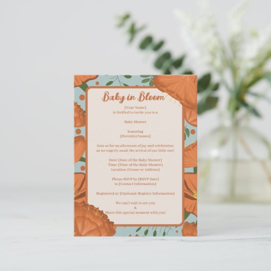 Oranje Poppy Baby Bloom Douche Uitnodiging (Staand voorkant)