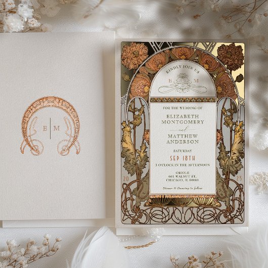 Oranje Poppy bruiloft Folie Art Nouveau Mucha Folie Uitnodiging