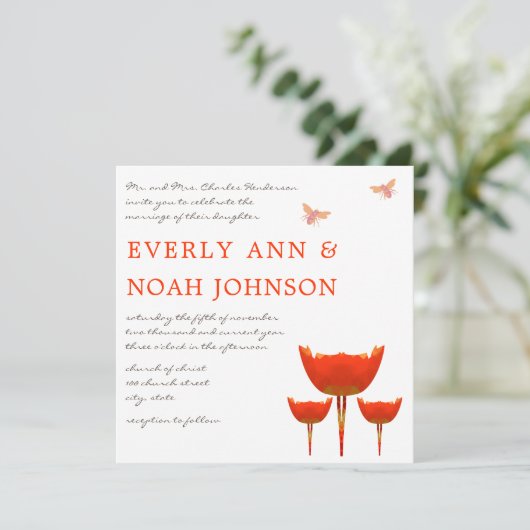 Oranje Poppy & Bumble Bijenbruiloft Kaart (Staand voorkant)