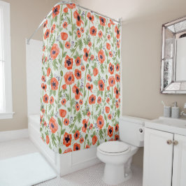 Oranje Poppy Floral Waterverf Patroon Douchegordijn