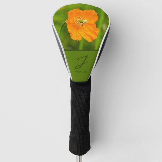 Oranje Poppy Flower Foto met Monogram en Naam Golfheadcover (Voorkant)