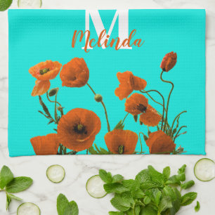 Oranje Poppy Flowers Floral Monogram Initiaal Naam Theedoek