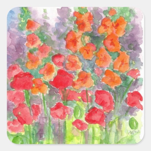 Oranje Poppy Gladiola Flower Waterverf Garden Vierkante Sticker (Voorkant)