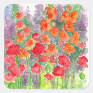 Oranje Poppy Gladiola Flower Waterverf Garden Vierkante Sticker
