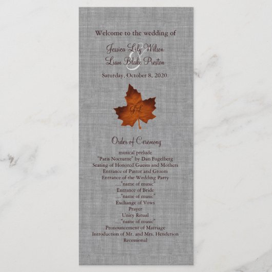 Oranje programma van de Monogrammed Wedding van Li Programmakaart (Voorkant)