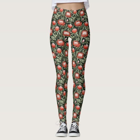 Oranje Protea Floral All-Over-Print Leggings (Voorkant)